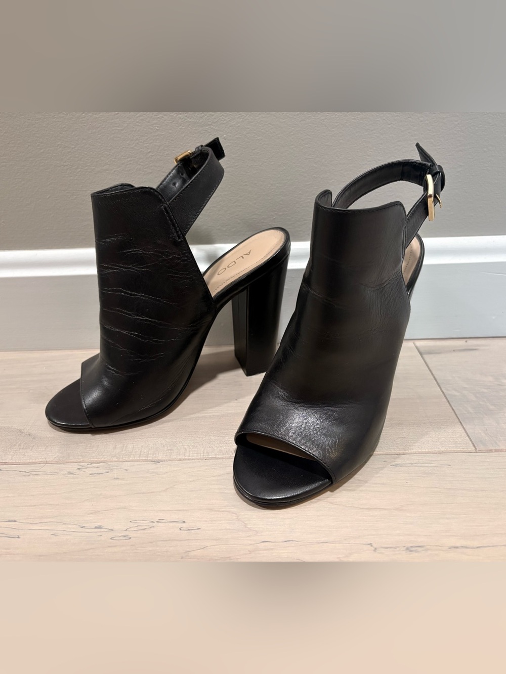 Aldo Black Leather Peep-Toe Slingback Block Heels
